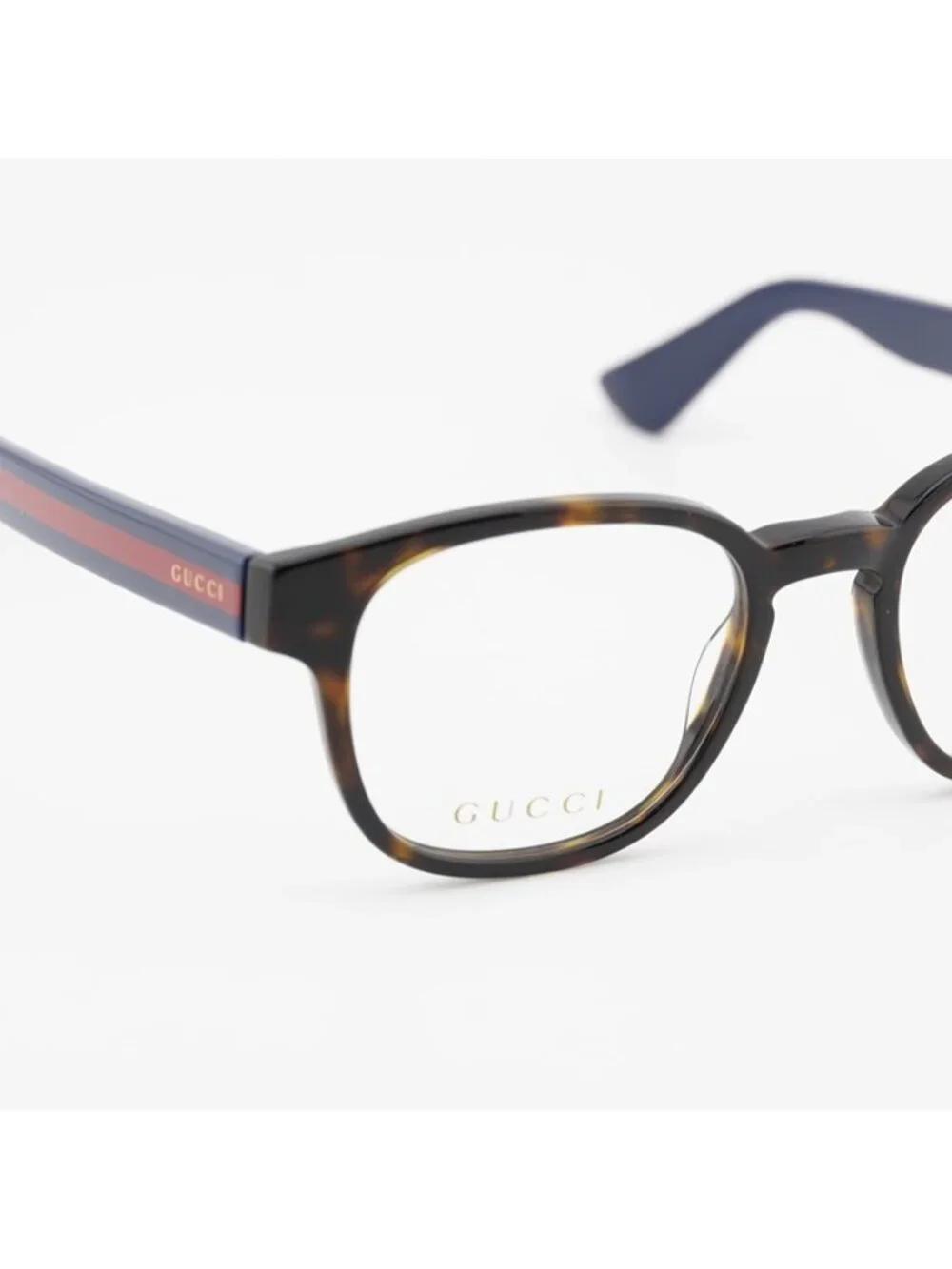Gucci GG0927O 002 Eyeglasses Dark Havana with Blue and Red Stripe 49mm Square